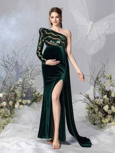 Faeriesty Elegant Maternity Evening Gown With Sequin Sleeve Cuffs, Mermaid Silhouette, Open Back Design, Suitable For Maternity Portrait, Romantic Maternity Photography, Anniversary Celebration, Formal Dinner And Garden Party