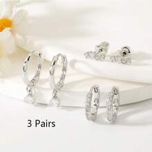 3 Pairs Zirconia Earrings Set, 1 Pair Studs + 1 Pair Clip-Ons + 1 Pair Dangle Earrings, Light Luxury Simple Style, Mix & Match Wearable - Multicolor - View 12