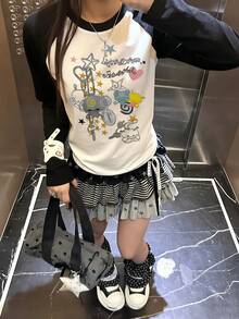 Y2K Aesthetic Graffiti Print Raglan Sleeve T-Shirt, Casual Loose Fit Women Long Sleeve T-Shirt With Cute Star And Heart Pattern - White - View 4