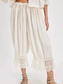 Women Lace Trim Long Bloomers Y2k Elastic Mid Rise Ruffle Victorian Pantaloons Cropped Flared Slips Pants Pumpkin Pants - 白色 - 查看 2