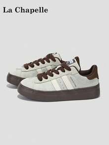 زوج من أحذية كاجوال نسائية من لا شابيل ذات سُمك في القاعدة وأربطة، قاعدة ناعمة للاستخدام الخارجي في الصيف، برقبة منخفضة، أصابع قدم مستديرة، كعب منخفض مانع للانزلاق، لون أنيق ذو قاعدة ناعمة مناسبة للتنزه، أحذية رياضية جلدية منخفضة للنساء مناسبة لصور التخرج - كاكي - مشاهدة 1