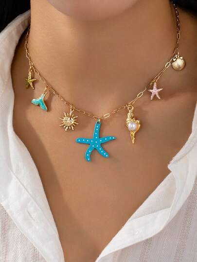 1 pieza Collar con colgante de criatura marina, estilo oceánico con pez, langosta, estrella de mar. Joyería de estilo playero para mujer para uso diario o de vacaciones