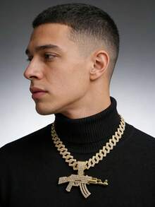 镶满钻石的链AK-47步枪吊坠项链，闪亮粗链项链，男士嘻哈街头风 - 槍吊墜項鍊 - 查看 5