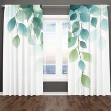 2D Flat Design, 2 Panels Curtains, Adopting 2D Flat Exquisite & Soft Pastel Leaf Arrangement, Sheer Drooping Branches, Creating A Soft & Dreamy Ethereal Background. White, Teal, Turquoise Green, Blue Tones Intertwined, Presenting Lightweight &  Natural Beauty. Window Curtains For Bedroom & Living Room Decor, 2D Flat Style, Window Treatments,  Aesthetics, Soft Tones, Sheer Material, Sheer Curtains, Art Window Treatments, Cozy Living Space - 2pcs - Xem 2