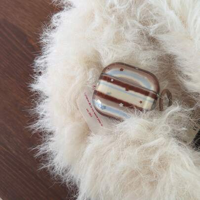 Vintage Transparent Blue & Brown Striped Star Hanging Ring Earphone Case Compatible With AirPods Pro 2, Cute Apple 4 Minimalist 3 New 1/2 Generation Earphone Case For Women