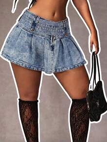 女士迷你牛仔百褶裙，性感派对装扮，无弹力面料 - 藍色 - 查看 1