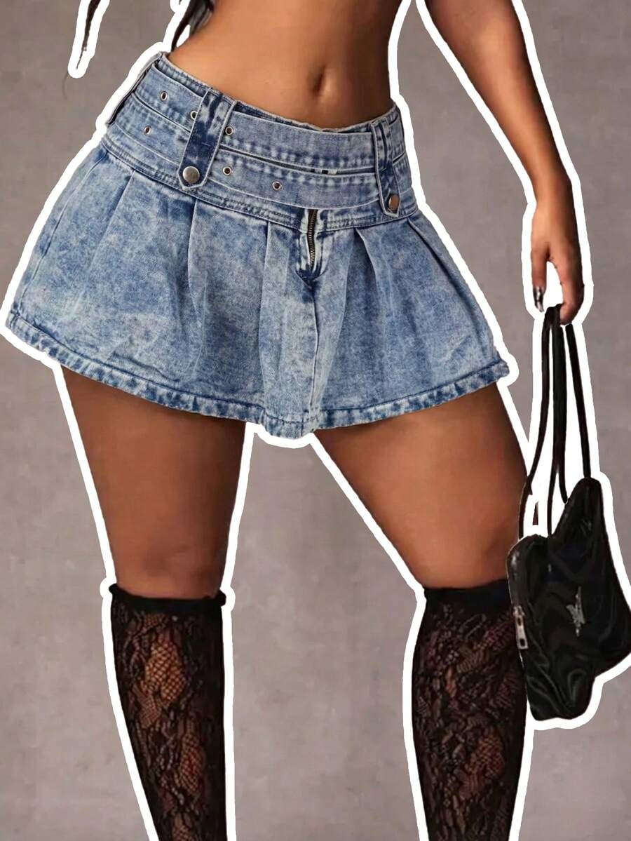 女士迷你牛仔百褶裙，性感派对装扮，无弹力面料 - 藍色 - 查看 1