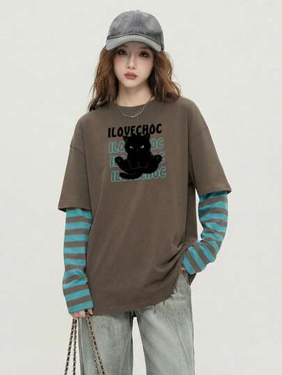 卡通猫咪印花女式T恤，可爱甜美少女风，宽松舒适拼接袖长袖上衣，新年款