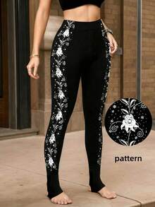 1pc Women's Side Printed Skinny Leggings, Casual Daily Wear - Black - View 4