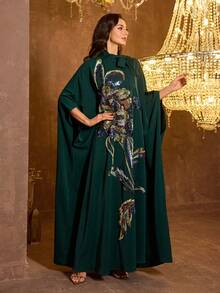 UNITHORSE Women's Stand Collar Long Sleeve Embroidered Evening Dress - Dark Green - View 6