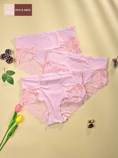 3pcs Plus Size Women Lace Tummy Control Panties, Soft Fabric, Comfortable & Sexy, Pink