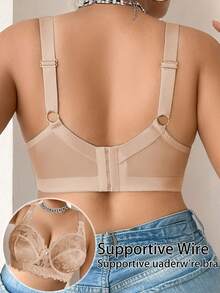 Plus Size Women Fashion Lace Patchwork Underwire Bra - Apricot - View 6