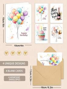 12张水彩生日贺卡套装，含6个信封 | 包括6张气球和蛋糕图案的生日快乐贺卡，适用于任何场合，包括圣诞节、感谢、祝贺和感性主题 - 彩色 - 查看 2