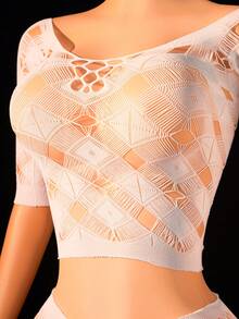 两件套女士性感蕾丝透视露肩短款上衣和迷你裙异域风情镂空泰迪熊内衣 - 白色 - 查看 5