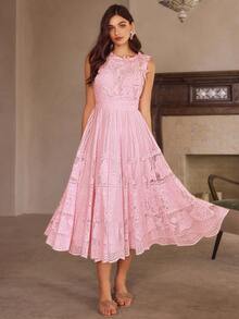 Simplee Women's Spring/Summer New Elegant Sleeveless Lace Maxi Dress, Floral Pattern A-Line Dress Party Gown, Random Butterfly Applique And Faux Pearl Decor, Suitable For Party And Wedding Pink - Pink - View 1