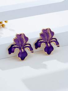 1对时尚百搭复古油滴花朵耳钉 - 彩色 - 查看 3