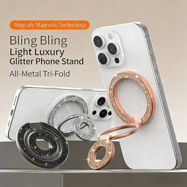 Alloy Shiny Rhinestone 1pc Magnetic Finger Grip 3-Segment Double-Sided Magnetic Bearing Ultra-Light Ultra-Thin Strong Adsorption 360° Rotation Wall Sticker Universal Foldable Ring Phone Holder Portable Desktop Creative Slouchy Hands-Free Stand For Office Kitchen Bathroom Bedside Gym Car For Him Valentine's Day Gift