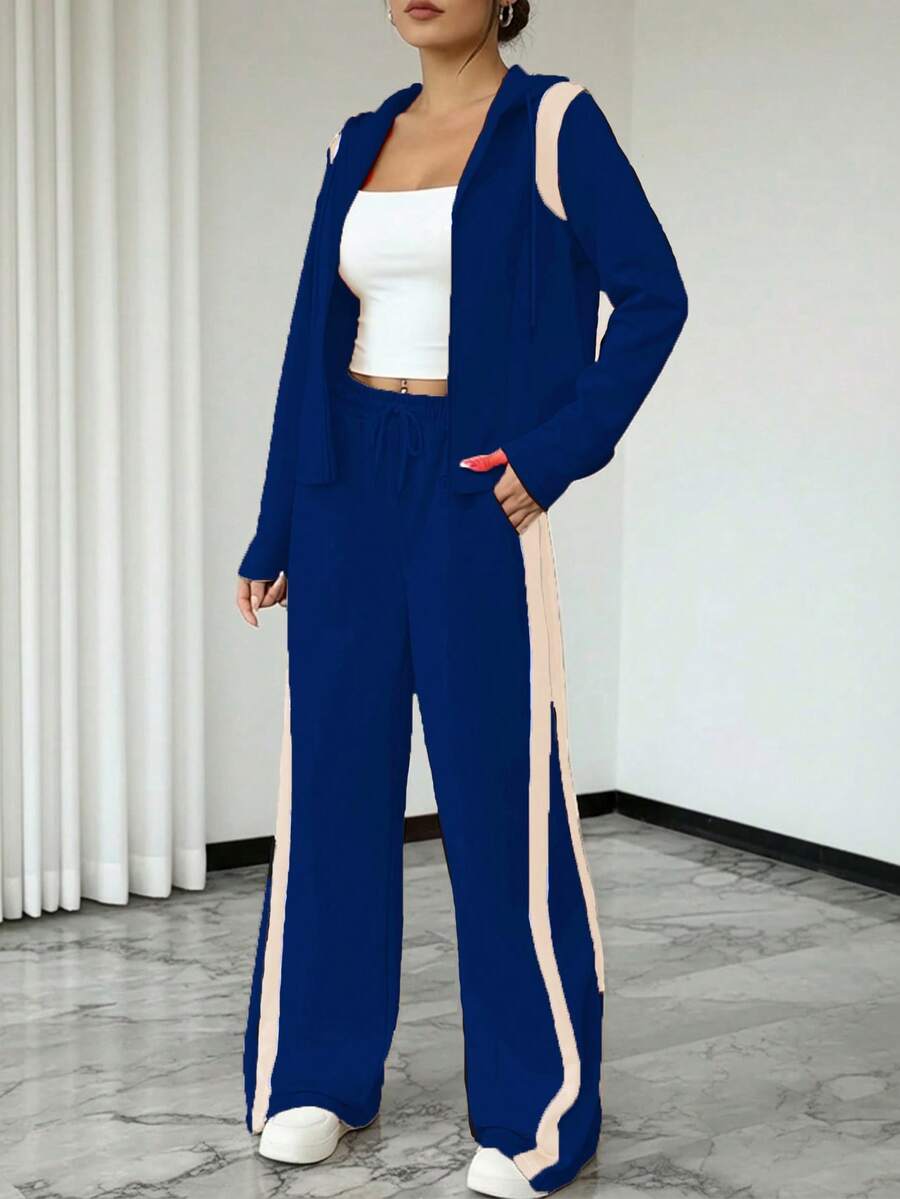 Women's Spring/Summer Casual Long Sleeve Zip-Up Top And Straight Leg Pants Set, Autumn Casual Patchwork Two Pieces Outfit, Elegant Color Block Hooded Drawstring Set, Striped & Solid Color Casual Pocket Zip Drawstring Office/Daily Wear Spring/Summer/Autumn Set - Royal Blue - View 1