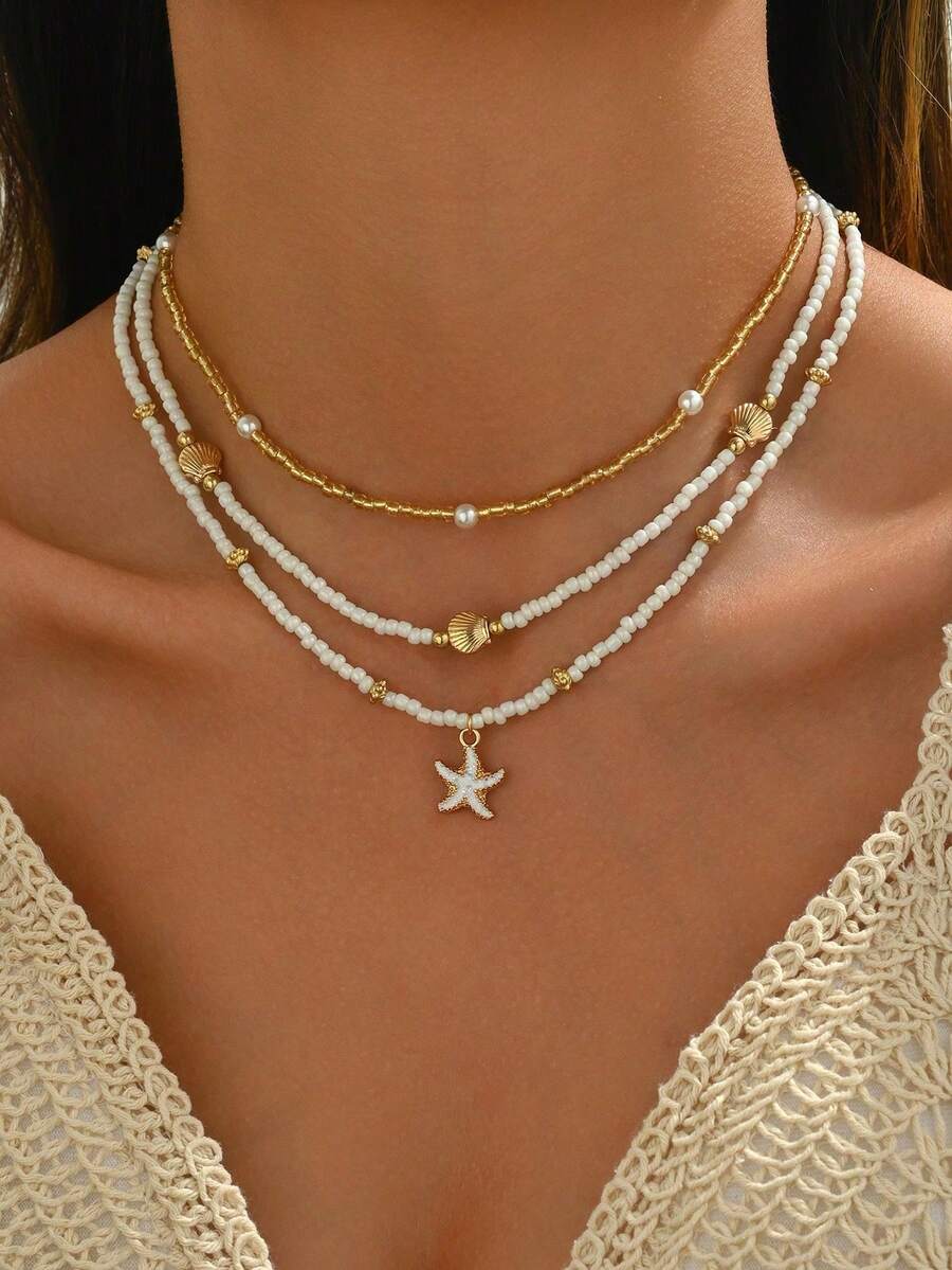 3pcs Set Handmade Bead & Faux Pearl Linked Golden Starfish & Shell Necklace, Minimalist Style Jewelry For Women, Suitable For Daily Wear And Beach Vacation - Multicolor - View 1