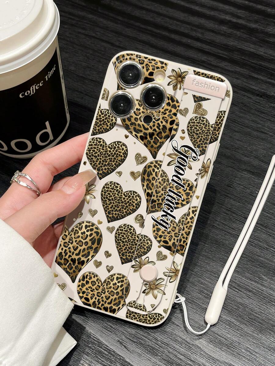 1pc White Leopard Print Heart Pattern Shockproof Full Coverage Phone Case With Matching Wrist Strap, Can Be Used As A Stand, Suitable For Self-Use Or As A Couple/Valentine's Day Gift, Compatible With IPhone 7/8/X/11/12/13/14/15/16 Series - Multicolor - View 1