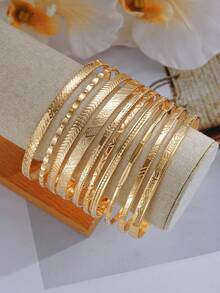 10件套复古优雅波西米亚风金属锤纹花卉图案手镯套装，适合女性日常、派对、约会、假日、婚礼、节日等场合佩戴，是馈赠佳品。 - 金色4 - 查看 3