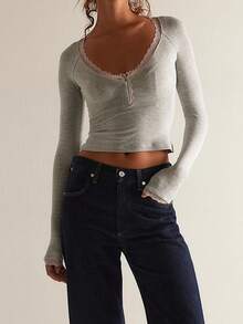 Women Y2K Henley Crop Top Long Sleeve Scoop Neck Solid Color Lace Trim Ribbed Shirt Retro Fairycore Fitted Blouse - Xám - Xem 4