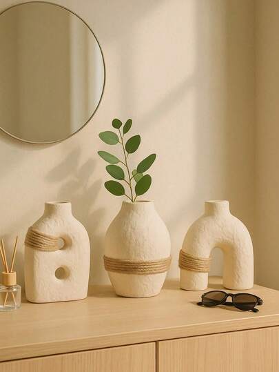 Zestaw 1/3 wazonów z teksturą, minimalistyczny wzór łuku i węzła, kremowo-białe wazony dekoracyjne do wystroju domu, ozdoby na stolik kawowy do salonu i sypialni, wazony do wystroju domu
