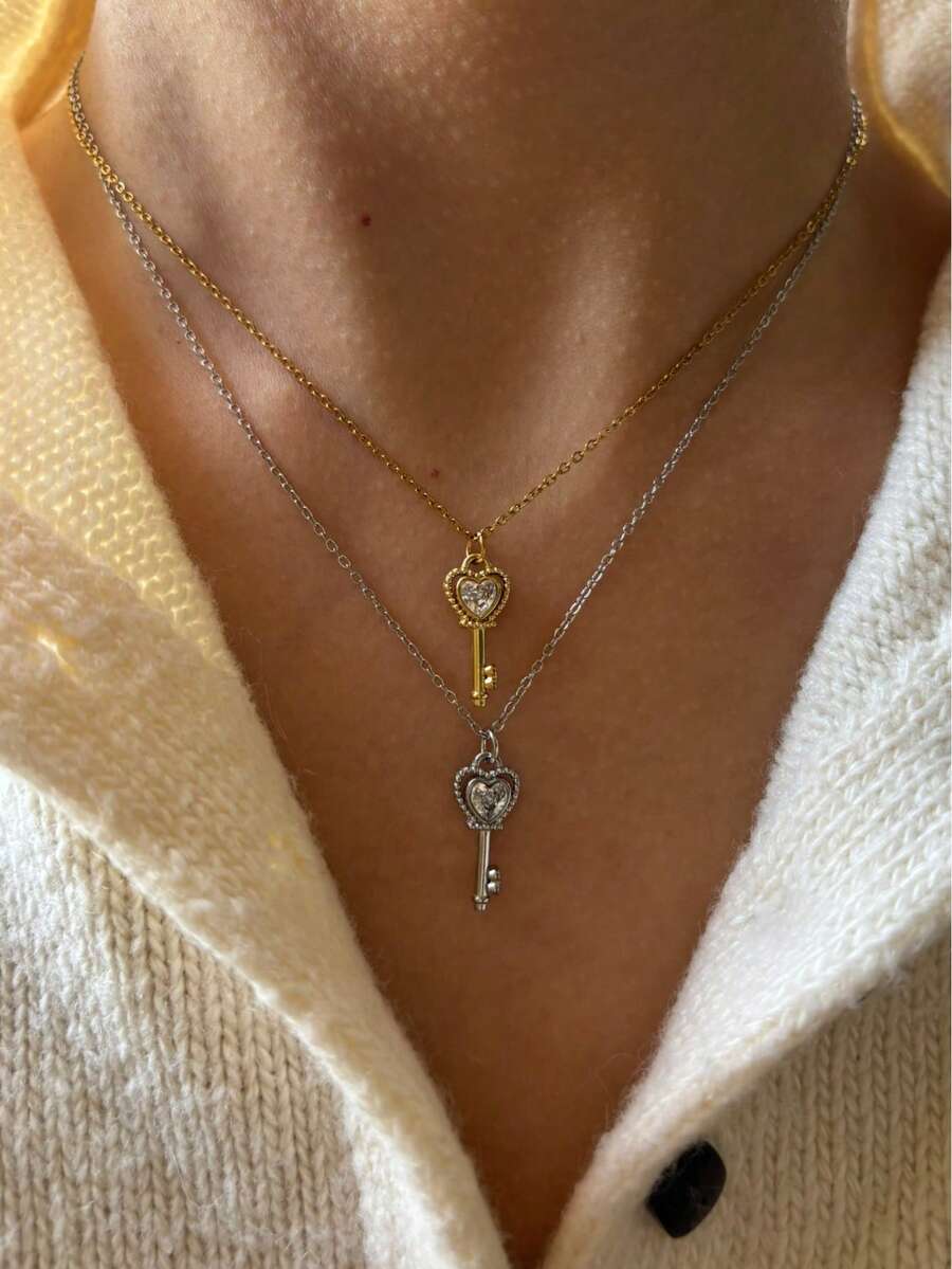 1件简约优雅闪亮不锈钢迷你钥匙吊坠项链，百搭女士饰品 - 項鍊 - 查看 1