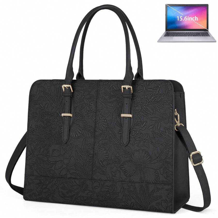 NEWHEY 15.6英寸防水真皮大容量笔记本电脑手提包，专业商务公文包，轻便旅行单肩包，黑色 - 彩色 - 查看 1