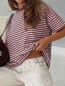 Vaiaye 女士宽松圆领休闲T恤，条纹拼接简约修身短袖T恤，适合春夏穿着，情人节粉色系 - 粉色 - 查看 1