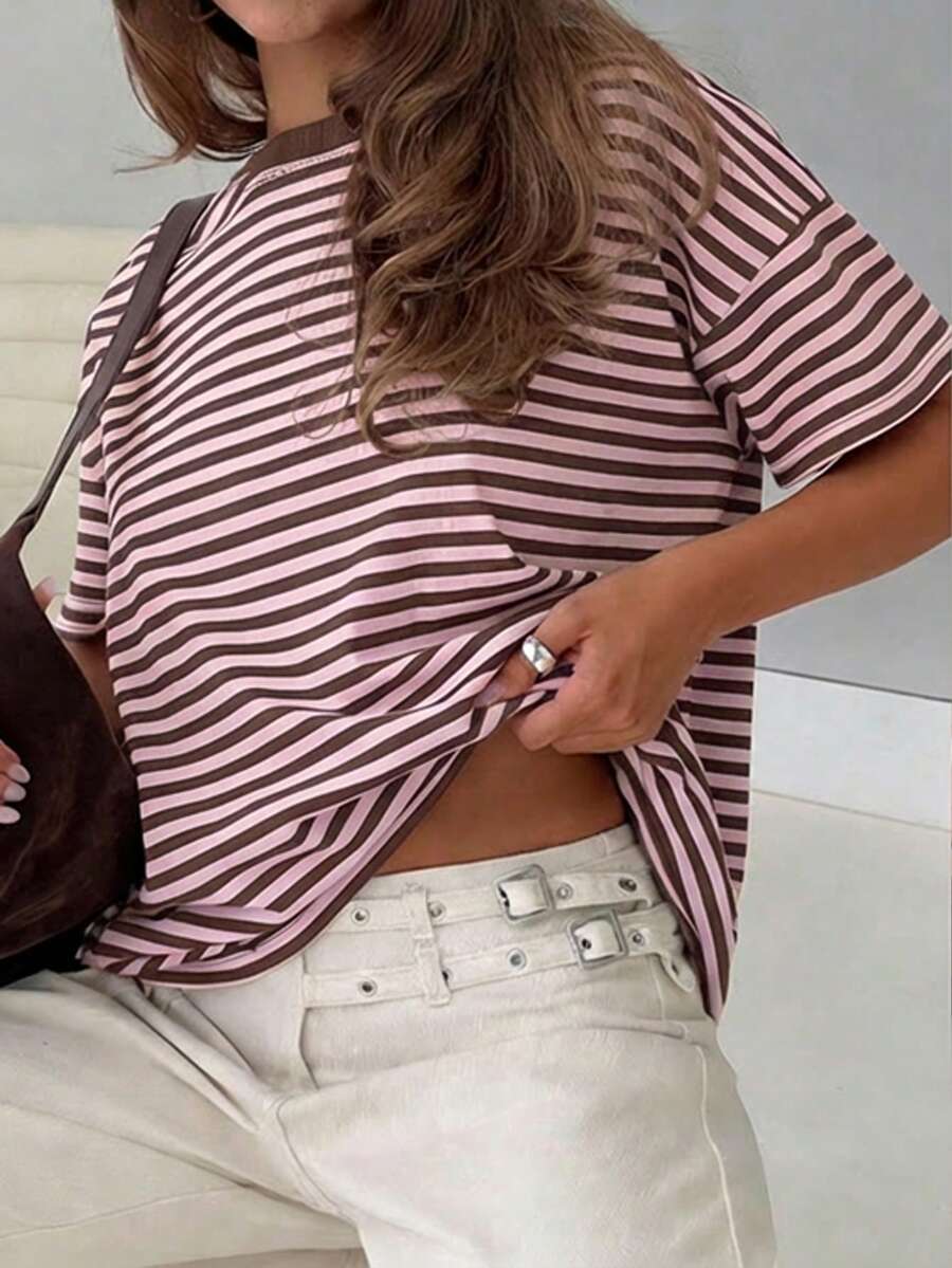Vaiaye 女士宽松圆领休闲T恤，条纹拼接简约修身短袖T恤，适合春夏穿着，情人节粉色系 - 粉色 - 查看 1