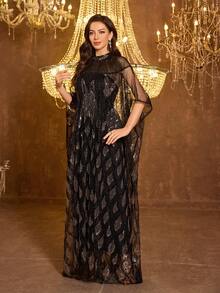 SUPGIR 女士立领长袖手工镶钻缎面晚礼服 - 黑色 - 查看 7