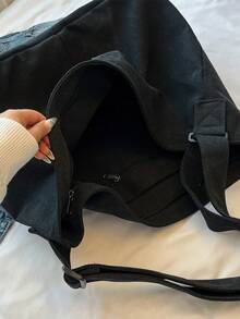 [] Large Capacity Retro Canvas Tote Bag, Foldable, With Safety Zipper, Lightweight, 3-Way Shoulder/Crossbody Bag, Essential For Students, Commuting, Classes, Travel, Japanese Urban Boy Daily Bag - Black - View 9