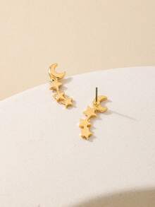 1 Pair Simple Design Metal Star & Moon Stud Earrings, Versatile For Daily Wear, Commute, Vacation, Picnic, Summer Campus - Yellow Gold - View 4