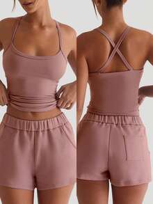 XLLAIS Top deportivo de tirantes cruzados elásticos de unicolor minimalista para mujer, casual de verano - Ver 6