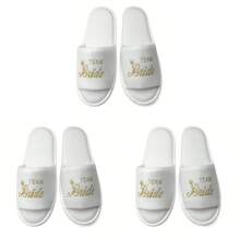 3 Pairs Printed White Disposable Slippers For Bridesmaids - Golden Team Bride Printed White Slippers - View 10