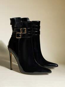 Women's Black Pointed Toe Slim High Heel Ankle Boots, Sexy & Fashionable, Suitable For Party And Daily Wear - Black - View 4