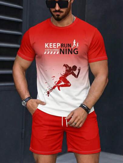 男士字母渐变印花运动休闲短袖短裤套装