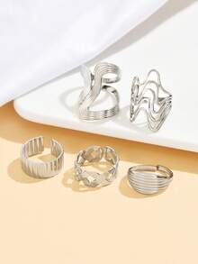 5pcs Asymmetrical Geometric Open Ring Set, Elegant Woven Line Design Stainless Steel Rings, Waterproof & Fade-Resistant, Versatile Daily Wear Jewelry For Women - Geometry - View 8