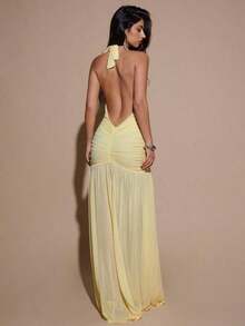 2026BAE Sexy Minimalist Solid Yellow Cream Deep V-Neck Halter Bodycon Ruched Fitted Women's Maxi Mesh Dress, Suitable For Party, Cocktail, Formal Occasions, Bridesmaid, Birthday, Business Casual, Elegant Women Maxi Dress,Valentine's Day,Valentine Fits For WomenLoose And Comfortable,Casual And Easy-Goin - 珊瑚粉 - 查看 9