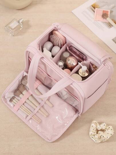 Large Capacity Fluffy Makeup Bag Wide Opening Cosmetic Organizer With Multi Pockets, Plush Makeup Pouch Toiletry Bag For Women Girls, Portable Skincare Storage Bag With Mesh Compartments For Lipstick Foundation Brushes, Daily Vanity Bathroom Organizer Travel Makeup Bag, Solid Color Zipper Cosmetic Case For School