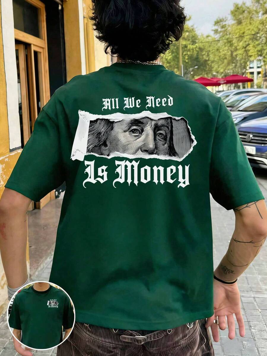 FRACTYR 男士夏季时尚简约美元印花短袖T恤 | 百搭街头休闲上衣 - 墨綠色 - 查看 1