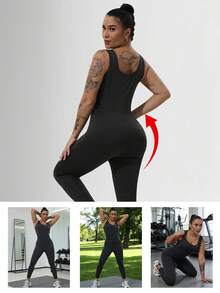大码女式运动瑜伽服，高支撑吸湿透气户外大码女式腰腹塑形高弹力背带健身套装 - 黑色 - 查看 5