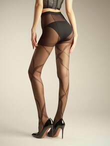 1双女士薄款黑色性感缎带不规则菱格纹复古蕾丝条纹连裤袜，亲肤舒适，适合情人节和日常穿着 - 黑色 - 查看 9