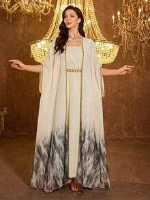 SUPGIR 女士方领亮片拼接蝙蝠袖褶皱胸部雪纺优雅晚礼服 - 杏色 - 查看 4