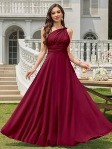 Volly Toych Off-The-Shoulder Ruched Chiffon Elegant Long Formal Bridesmaid Dress, Suitable For Wedding Guests - Burgundy - View 6