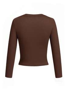 3 piezas Camisetas de manga larga con cuello redondo para mujer, tops casuales ajustados y cortos de unicolor de moda para el verano - Multicolor - Ver 3