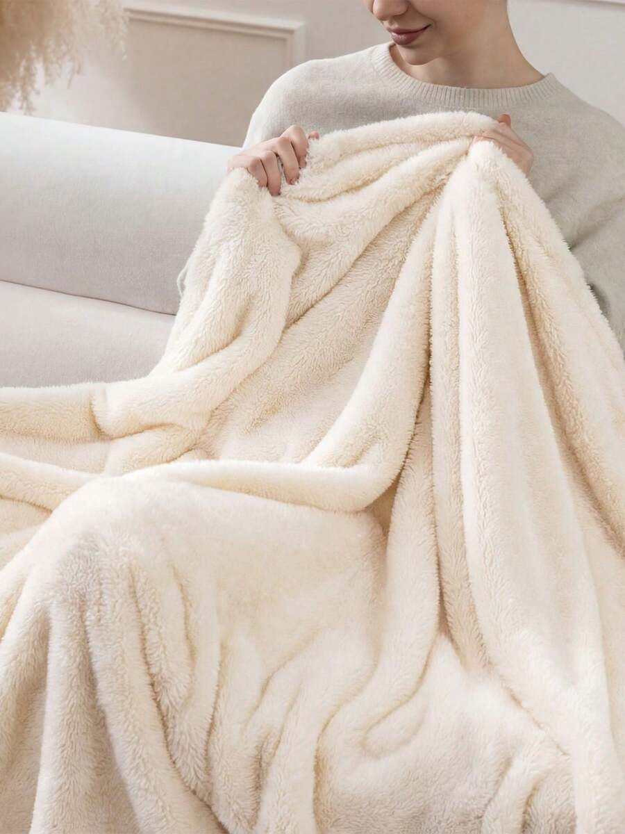 Solid Fluffy Throw Blanket Soft Double Plush Cozy Small Size Blanket For Sofa Bed Home - 乳白色 - 查看 1