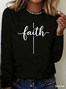 Faith Print T-Shirt, Long Sleeve Round Neck Casual Top Spring And Autumn, Women's Clothing 2025 - 黑色 - 查看 3