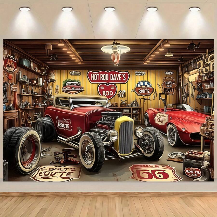 1pc Garage Scene Banner, Vintage Hot Rod Garage Background Cloth, Perfect For Car Photo Backdrops, Themed Party Decorations, Ideal For Photo Props, Home Decor, Room Decor, Party Background Decor, Decorative Backgrounds. - Multicolor - View 1
